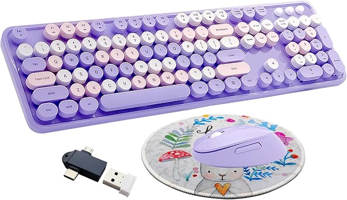 Wireless Keyboard and Mouse Combo, Ergonomic Cute Retro Typewriter Full Size Colorful USB Cordless Keyboard Mouse Set for Gaming and Office (Purple)
