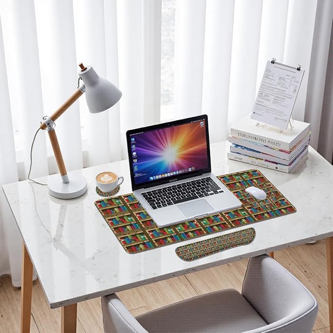 Bookshelf Mouse Pad Set Educational Bookcase Pixel Game Gaming Mousepad 4in1 Desk Mat for Desktop Wrist Support Cup Coaster Set Ergonomic Computer Desk Arm Wrist for Decor Home Office