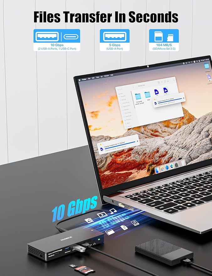 ZIUMIER USB C Docking Station Dual Monitor, 12 in 1 Laptop Docking Station - Single 8K or Dual 4K Displays, 1 HDMI, 1 DP, 100W PD, 3x10Gbps USB-A/C Data, 5Gbps USB-A Data, Ethernet, Audio, SD/Micro SD