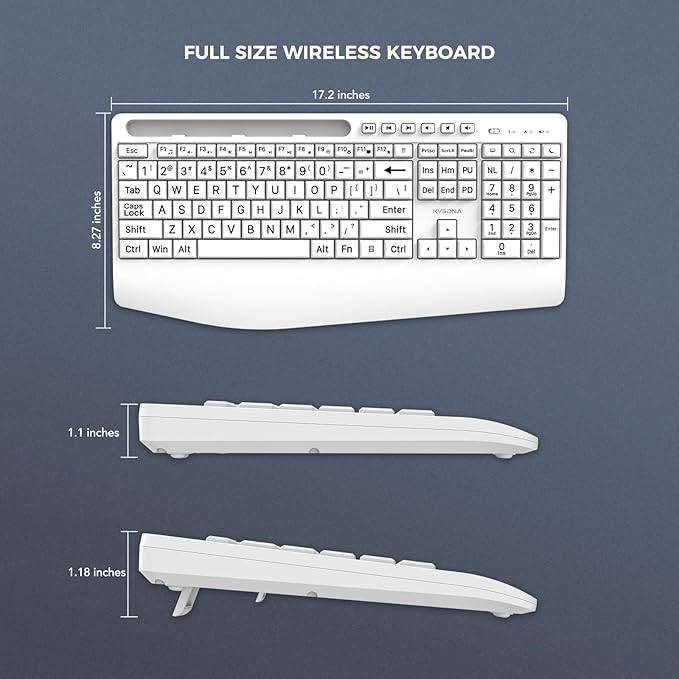 KYSONA Large Print Wireless Keyboard, Full Size Cordless Computer Keyboard with Phone Holder, Palm Rest, Ergonomic Tilt Angle, 2.4G Plug-and-Play, Compatible with Tablet/Windows/Laptop/PC, White