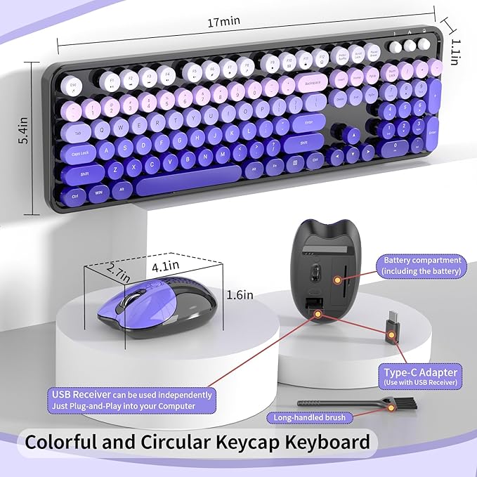 Wireless Keyboard and Mouse, 104 Round Keycaps Retro Typewriter with OTG & Brush, Full-Size Ergonomic, Ideal for Windows PC, Home, Office and College Purple Pink