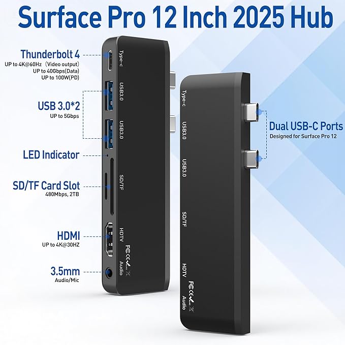 Surface Pro 12 Docking Station, Surface Pro 12 Accessories with 4K HDMI, Thunerbolt 4 Hub (4K@60Hz Display+ 40Gbps Data+ 100W Charging), 2 USB3.0, SD/TF, 3.5mm Audio for Surface Pro 12 inch 2025