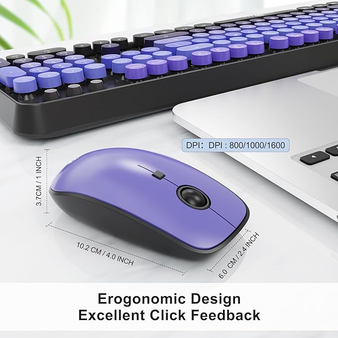 Wireless Keyboard and Mouse Combo - Cute Colorful Keyboard and Mouse, Retro Typewriter Keyboard with 2.4GHz Plug & Play, for Windows 11/10/7, Laptop, PC (V2020-Purple)