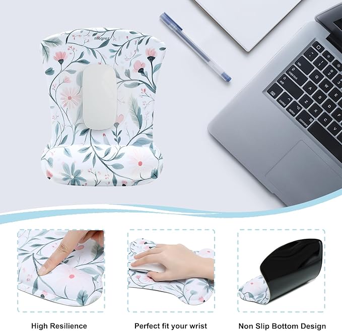 MEGREZ 4-in-1 Ergonomic Memory Foam Wrist Rest Set, Desk Pad, Mouse Pad with Wrist Rest, Keyboard Pad, Suitable for Office Workers, Programmers & Gamers–Relieve Typing & Gaming Fatigue, White Flower