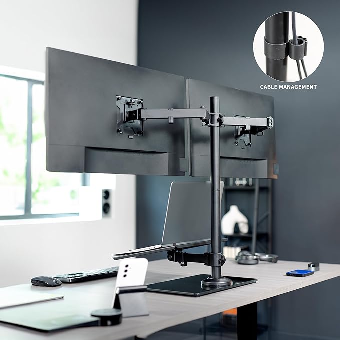 VIVO Freestanding Dual Computer Monitor and Laptop Combo Desk Stand with Glass Base, Fits up to 32 inch Monitors and 17 inch Laptops, Black, STAND-V003FGL