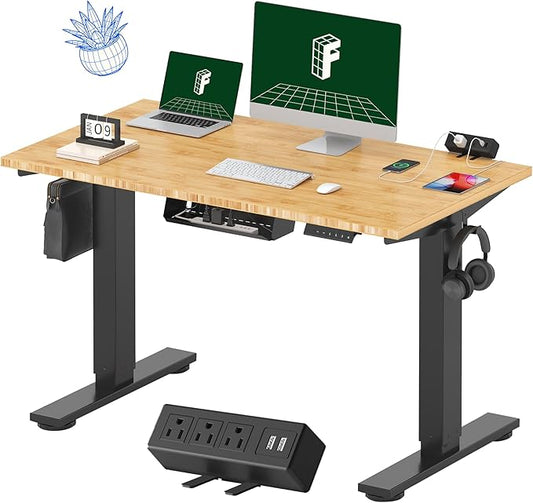 FLEXISPOT EN2 Bamboo Standing Desk with Clamp Power Strip, 48 x 24'' Electric Stand Up Height Adjustable Desk with Cable Management (Black Frame + 48" Bamboo Top, 2 Packages)