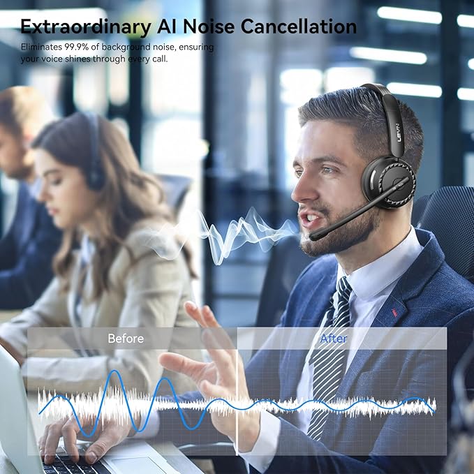 LEVN Wireless Headset, Wireless Headset with Mic for Work, (Noise Cancelling & Mute Button), Bluetooth Headset with Microphone from Home/Office/PC/Call Center/Computer/Laptop/Teams/Zoom (Black)