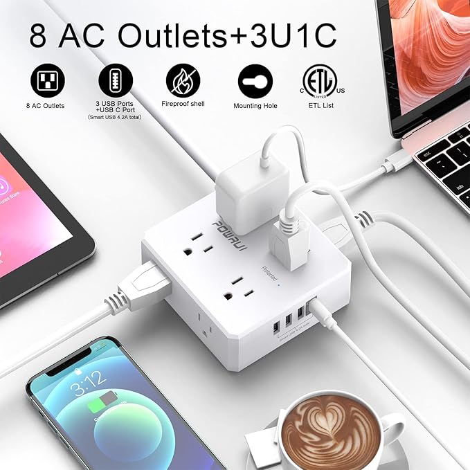 Surge Protector Power Strip - 6 Ft Flat Plug Extension Cord with 8 Widely Outlets and 4 USB Ports(1 USB C), 3 Side Outlet Extender for Home Office, White, ETL Listed