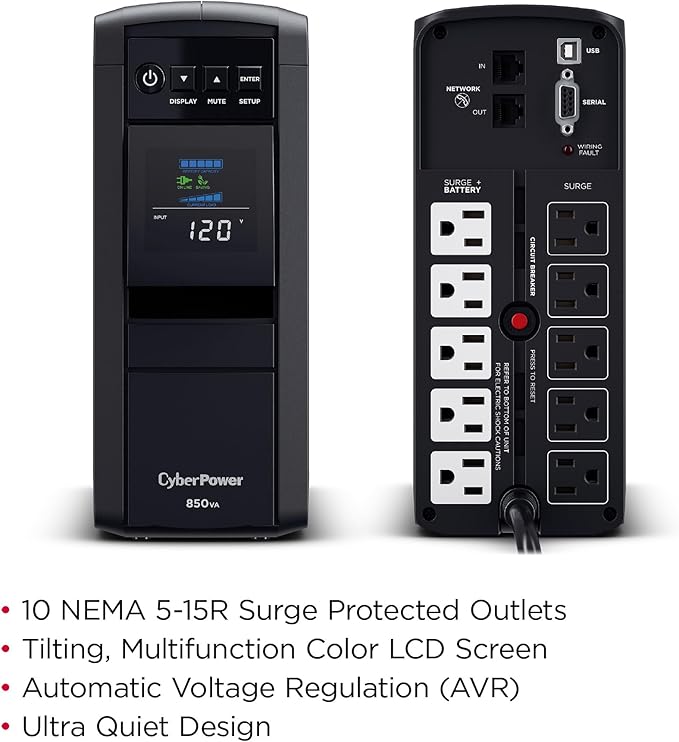 CyberPower CP850PFCLCD PFC Sinewave UPS Battery Backup and Surge Protector, 850VA/510W, 10 Outlets, AVR, Mini-Tower, UL Certified