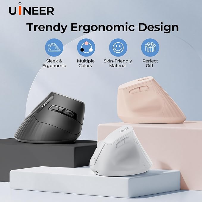 Uineer Wireless Ergonomic Mouse, Bluetooth Mice (BT4.0/5.0 and 2.4G) Rechargeable Vertical Mouse, 3 Multi-Device Connectivity for PC/Mac/Laptop/Computer, 4 DPI Quiet Clicks for Office, Home, Black