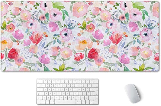 SSOIU Extended Gaming Mouse Pad (35.5x15.7 in), Large Stable Rubber Base Mousepad with Stitched Edges, Keyboard Mouse Mat Desk Pad for Work, Game, Office, Home - Watercolor Floral Botanical Pattern
