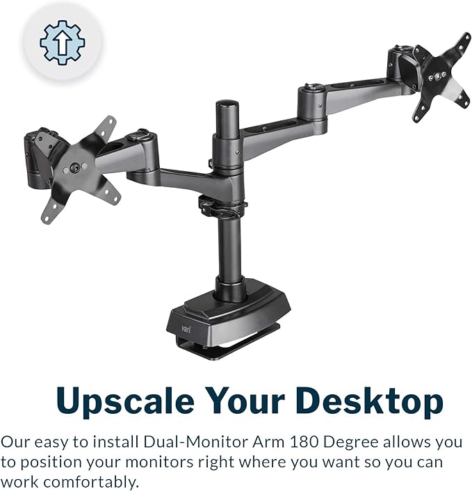 Vari Dual Monitor Arm 180 Degree - VESA Compatible Mount w/ 180 Degree Adjustment - Monitors up to 27 inches, 19.8 lbs - Double Arms for Compact Spaces - Computer Monitor Stand for Home or Office