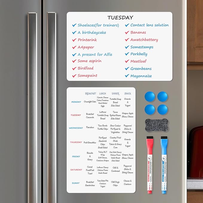 Magnetic Whiteboard for Fridge, 20" x 13" Dry Erase Board Set with Markers & Eraser, Strong Magnet & Stain-Resistant Surface, Fridge Calendar for Notes, Grocery List, Meal Planning & Family Schedule