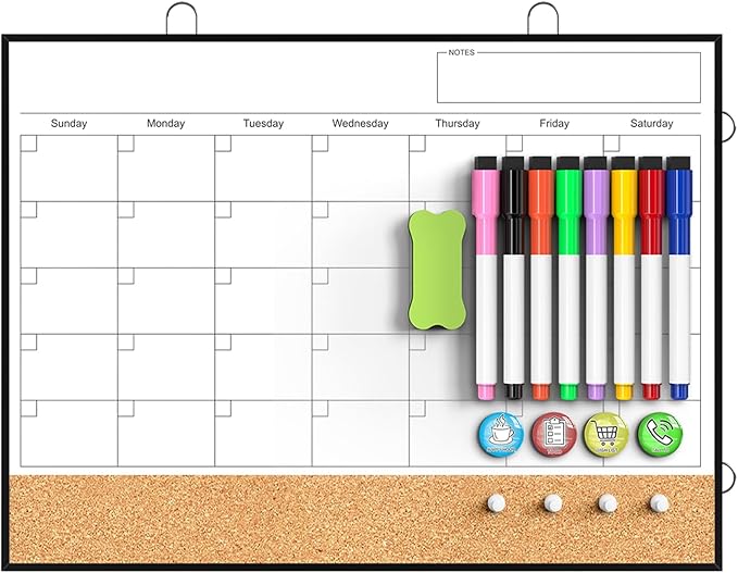 TANKEE Dry Erase Calendar for Wall - 16"X12" Double-Sided Whiteboard Cork Board Como, Small Hanging Magnetic White Board Monthly Calendar for Wall, Home, Office, Kitchen, Planning, School