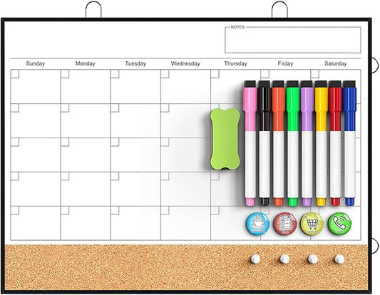TANKEE Dry Erase Calendar for Wall - 16"X12" Double-Sided Whiteboard Cork Board Como, Small Hanging Magnetic White Board Monthly Calendar for Wall, Home, Office, Kitchen, Planning, School