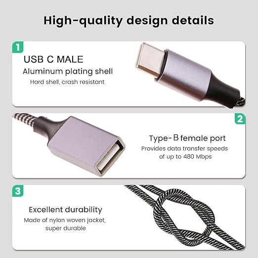 USB C Male to Dual USB A Female Adapter(10 inch long), USB C to Double USB A Splitter, C to Two Type A 2.0 OTG Adapter, Multiple Hub for Laptop,Tablet,Telephone,Flash Disk Drive, Gaming Consoles(Grey)