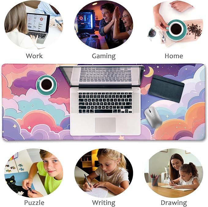 Purple Cloud Mouse Pad Large Desk Mat, Kawaii Purple Computer Mousepad with Stitched Edges Non-Slip, Keyboard Mouse Pad for Desktop Cute Office Supplies Desk Decor Accessories 31.5x11.8 in