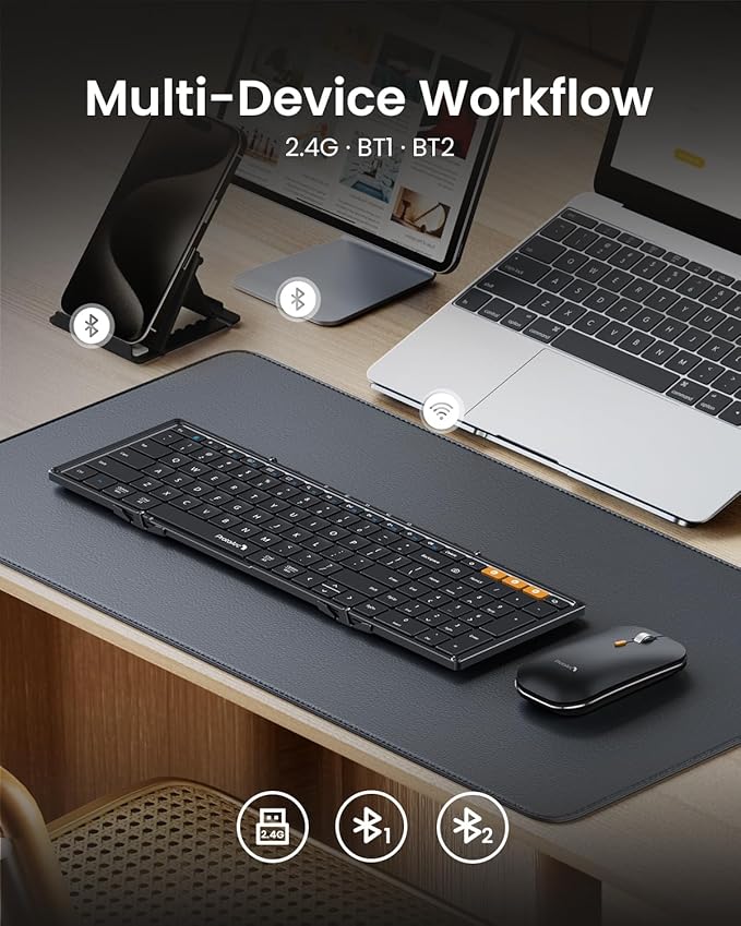 ProtoArc Foldable Keyboard and Mouse, XKM01 True Full-Size Folding Bluetooth Keyboard Mouse Combo for Business Travel, a Portable Office Suite On-The-Go, Compatible with Laptop iPad Tablet - Black