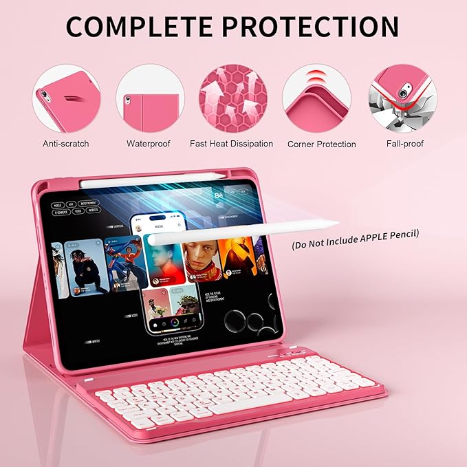 for iPad (A16) 11th Generation 2025 11-inch/10th Generation 2022 10.9 inch with Keyboard, 7 Colors Backlit Square Keycaps, Detachable Wireless Bluetooth Keyboard Case with Pencil Holder, Pink