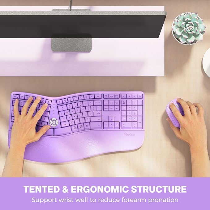 MEETION Ergonomic Keyboard and Mouse Combo, 2.4G Cordless Split Keyboard with Cushioned Palm Rest, Vertical Wireless Mousefor Windows/Mac Purple