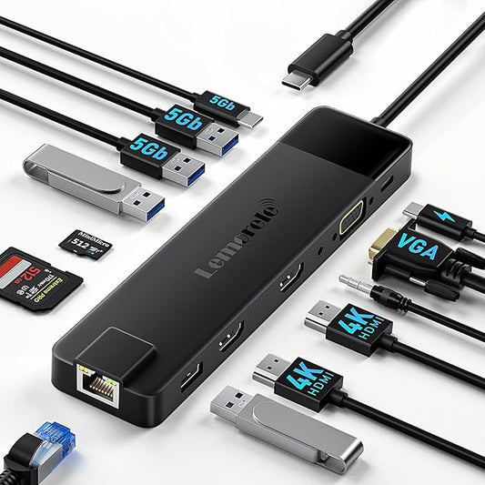 Lemorele 13 in 1 USB C Docking Station for Triple Monitors, Dual 4K HDMI, 1000M RJ45, VGA, 4 USB 3.0/2.0, SD/TF, 3.5MM Audio, USB C 3.0, 100W PD, Compatible with Type C Laptops