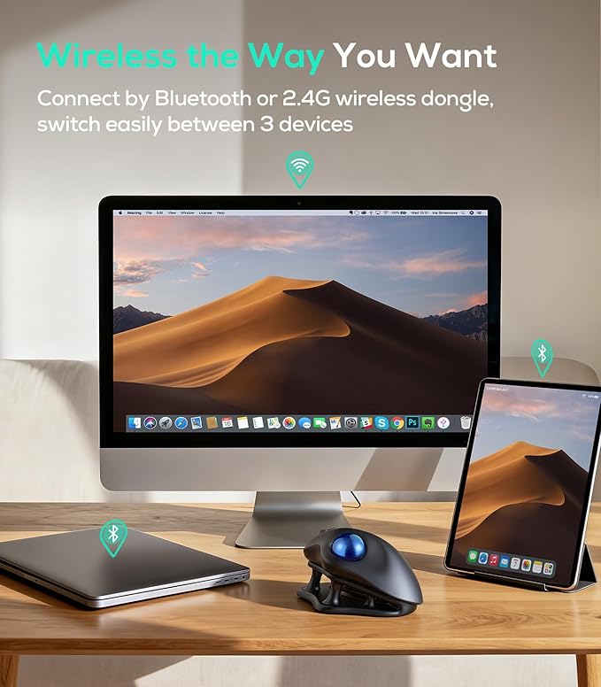Nulea M511 Wireless Trackball Mouse, Rechargeable Ergonomic Thumb-Control Mouse with Tilt Stand, Smooth & Precision Tracking, 3 Device Connection (Bluetooth or USB Receiver), for PC/Mac/Laptop-Blue