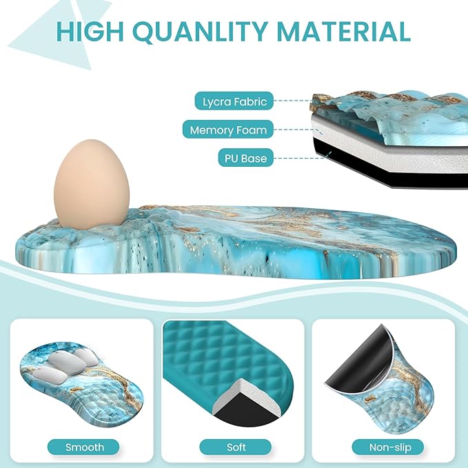 Desk Mat for Keyboard and Mouse, Large Mouse Pad with Wrist Rest and Keyboard Pad, 4PCS Carpal Tunnel Keyboard Wrist Support, Computer Mousepad for Laptop, Teal Blue Turquoise Marble
