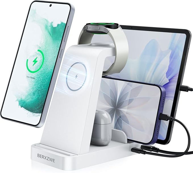 Wireless Charger for Samsung: 5 in 1 Samsung Wireless Charging Station for Galaxy S26Ultra/S25/S24, Charger Dock Stand for Galaxy Watch8/7/6/5, Android Charging Station for All USB-C Buds, White