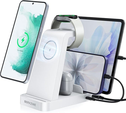 Wireless Charger for Samsung: 5 in 1 Samsung Wireless Charging Station for Galaxy S26Ultra/S25/S24, Charger Dock Stand for Galaxy Watch8/7/6/5, Android Charging Station for All USB-C Buds, White