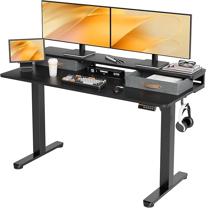 Seang Electric Standing Desk with 2 Drawers, Adjustable Standing Desk with Storage Shelf, Height Adjustable Stand up Desk for Home Office with 3 Presets & 2 Hooks,55 Inch, Black