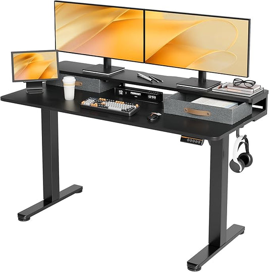 Seang Electric Standing Desk with 2 Drawers, Adjustable Standing Desk with Storage Shelf, Height Adjustable Stand up Desk for Home Office with 3 Presets & 2 Hooks,55 Inch, Black