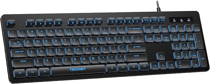 TECKNET Wired Keyboard,Silent USB Keyboard for Office,Spill-Resistant,Slim Full-Size Membrane Layout,Plug and Play for PC/Laptop/Mac-7 Colors Backlit