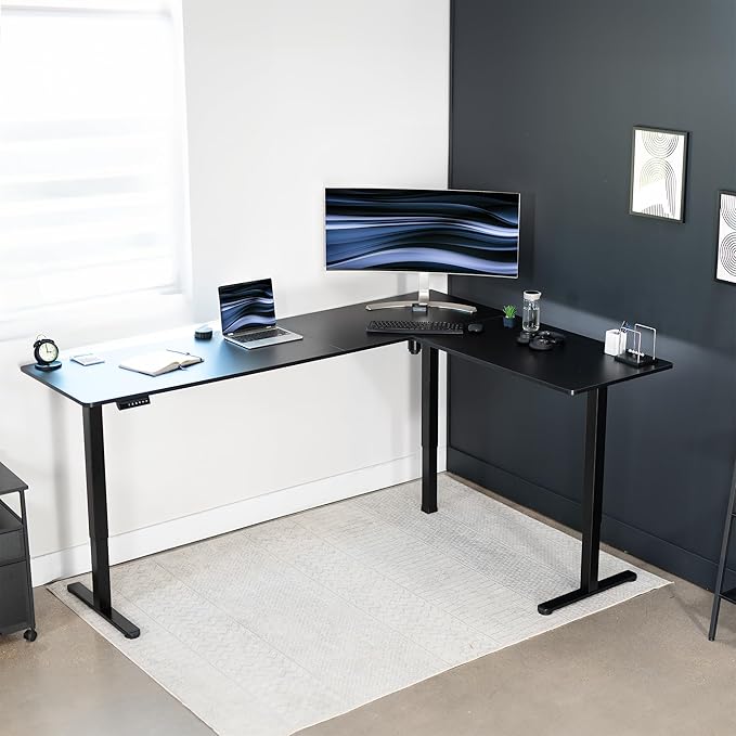 VIVO Corner Standing Desk, 84 x 63 inch Reversible L-Shaped Workstation, Electric Height Adjustment, Home, Office, and Reception Rooms, Black Table Top Black Frame, DESK-E3CTBB-84