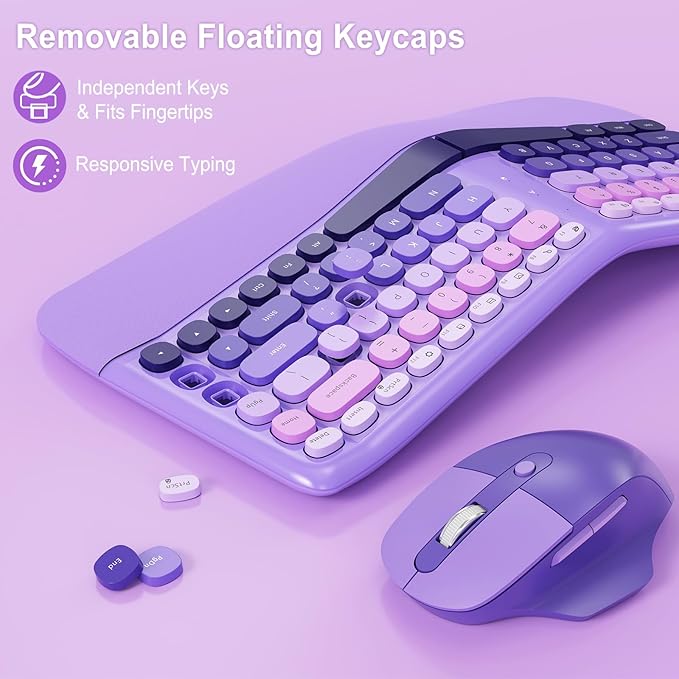 Ergonomic Wireless Keyboard and Mouse, Mechanical Gaming Set with Wrist Rest & OTG & Brush Ideal for Windows PC, Home, Office and College Purple