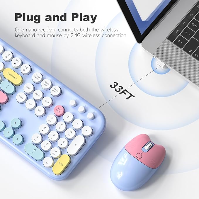 Retro Wireless Keyboard and Mouse Combo, SQMD Full-Size Office Typewriter Keyboard with Round Colorful Keycaps, 2.4G Cute Quiet Mouse for Windows PC, Home, Office, and College - Blue