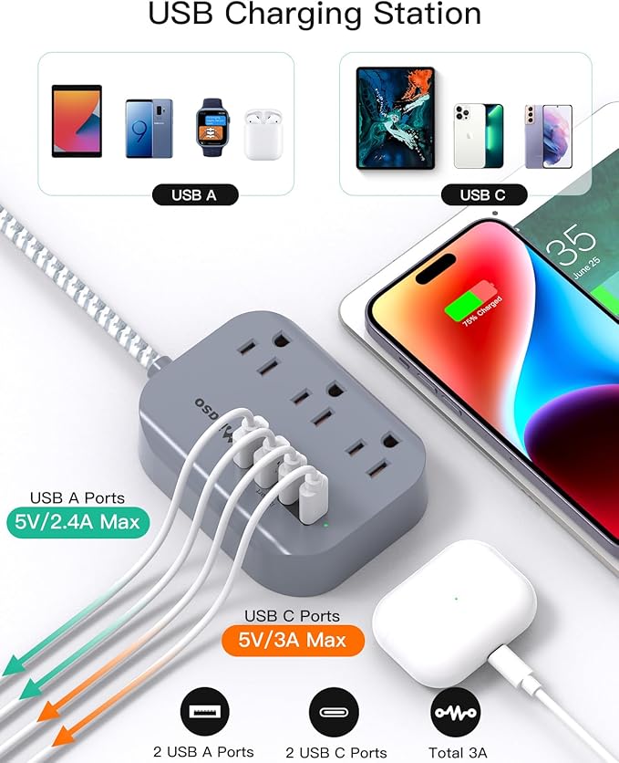 Cruise Ship Essentials - 3Ft Flat Extension Cord with Multiple Outlets, Power Strip USB Charging Station with Non Surge Protector for Cruise Ship, Travel, Dorm Room Essentials, Grey