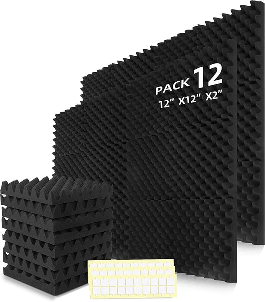 12 Pack Acoustic Panels Foam for Walls, 2"x12"x12" Sound Absorbing Panels, High Density Fire Resistant Soundproof Panels for Studio Recording (Black-12 Pack, 12"x12"x2")