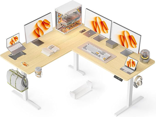 63X55 Inches Reversible L Shaped Standing Desk Height Adjustable with Cup Holder, Electric Corner Computer Desk, Sit Stand up Home Office Desk, Ergonomic Gaming Desk, Oak