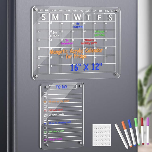 Acrylic Magnetic Monthly and to Do List for Fridge, Acrylic Clear Magnetic Dry Erase Board Calendar for Refrigerator, Reusable Planning Board, Planner Includes 6 Dry Erase Markers (16"x12"+ 8"x12")
