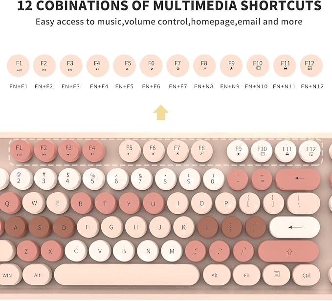Wireless Keyboard and Mouse Combo Cute Colorful Keyboard and Mouse, Retro Typewriter Keyboard with 2.4GHz Plug & Play, for Windows 11/10/7, Laptop, PC (Milk Tea)