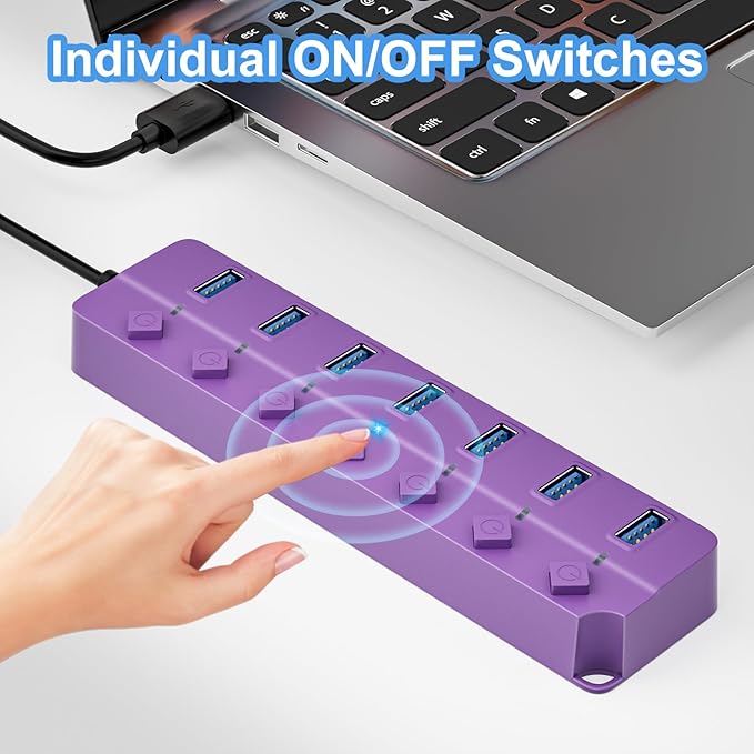 USB Hub 3.0, 7-Port USB Hub Splitter with Individual On/Off Switches and Lights, 3.2ft/1m Long Cable Compatible with MacBook, Laptop, Surface Pro, PS4, PC, Flash Drive, Mobile HDD-Purple