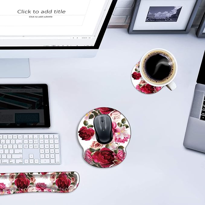 Mouse Pad Wrist Support and Keyboard Wrist Rest with Coaster,Non-Slip Rubber Base Ergonomic Gaming Mousepad for Home Office Working Studying Easy Typing & Pain Relief,Roses and Hyacinth Flowers