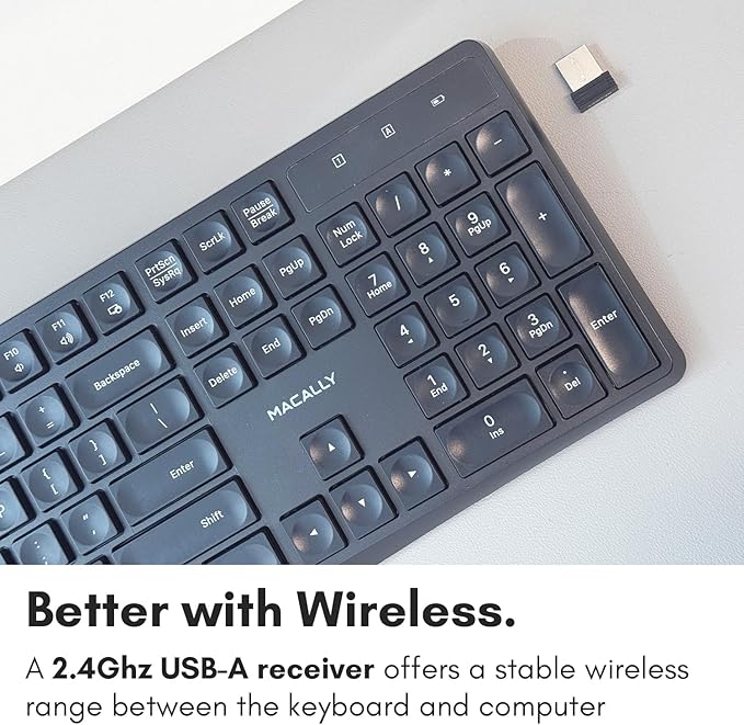 Macally Wireless Keyboard | 2.4G Computer Keyboard (Full Size, Quiet Keys) All Day Comfortable Typing with Wireless USB for Laptop, Desktop PC, Surface, Chromebook, Notebook