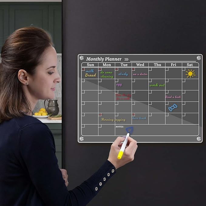 Monthly Dry Erase Calendar for Fridge, Clear Magnetic Calendar Planner with 8 Markers, 16.5"x11.7"