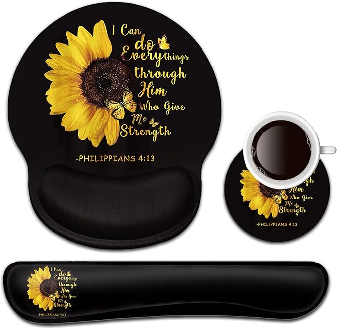 Keyboard Wrist Rest and Mouse Pad with Wrist Support, Ergonomic Gel Mouse Pad Coaster, Easy Typing Pain Relief, Memory Foam Keyboard Mousepad Set,Bible Verse Philippians 4:13 Sunflower
