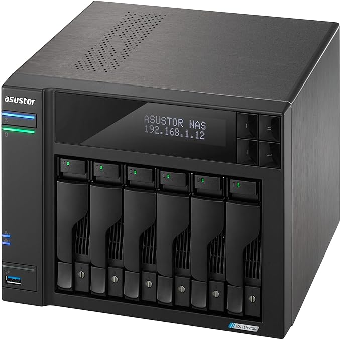 Asustor Lockerstor 6 Gen2+ AS6706T v2 6 Bay NAS Storage, Intel Quad-Core 2.0GHz CPU, Dual 5GbE Ports, 8GB RAM DDR4, 4 M.2 SSD Slots, HDMI, Network Attached Storage (Diskless)