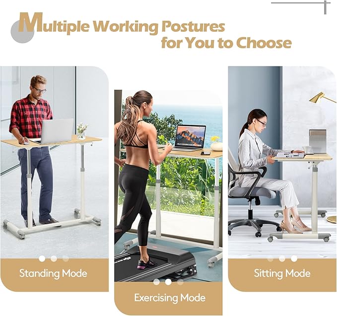 COSTWAY Mobile Height Adjustable Standing Desk, Compact Pneumatic Sit to Stand Computer Desk w/Lockable Casters, Ergonomic Rolling Laptop Table w/Steel Frame for Home Office (Natural)