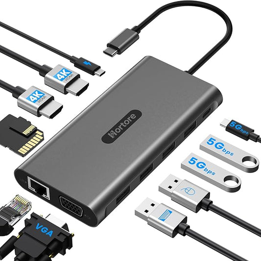 USB C Docking Station, 12-in-1 USB C Hub Dual Monitor with 2 HDMI, VGA, RJ45, 100W PD, USB-C Data, 2 USB 3.0, 2 USB 2.0, SD/TF Card Reader, for MacBook/Dell/HP/Lenovo
