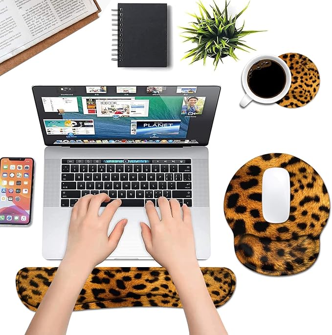 Keyboard Wrist Rest and Mouse Wrist Rest Pad Set with Coasters, Ergonomic Support, Non-Slip PU Base, Easy Typing and Relieve Wrist Pain, Perfect for Home Office Working Studying, Leopard Print