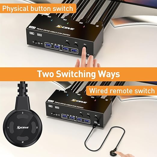 KVM Switch 3 Monitors 3 Computers 8K@60Hz/4K@120Hz, HDMI DP KVM Switches for 3 PC Sharing Triple Monitor and Keyboard Mouse with Power Adapter, Wired Extend Controller and USB3.0 Cables